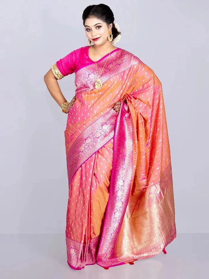 Elegant Allover Pink Orange Dual Tone Katan Silk Saree - WeaversIndia