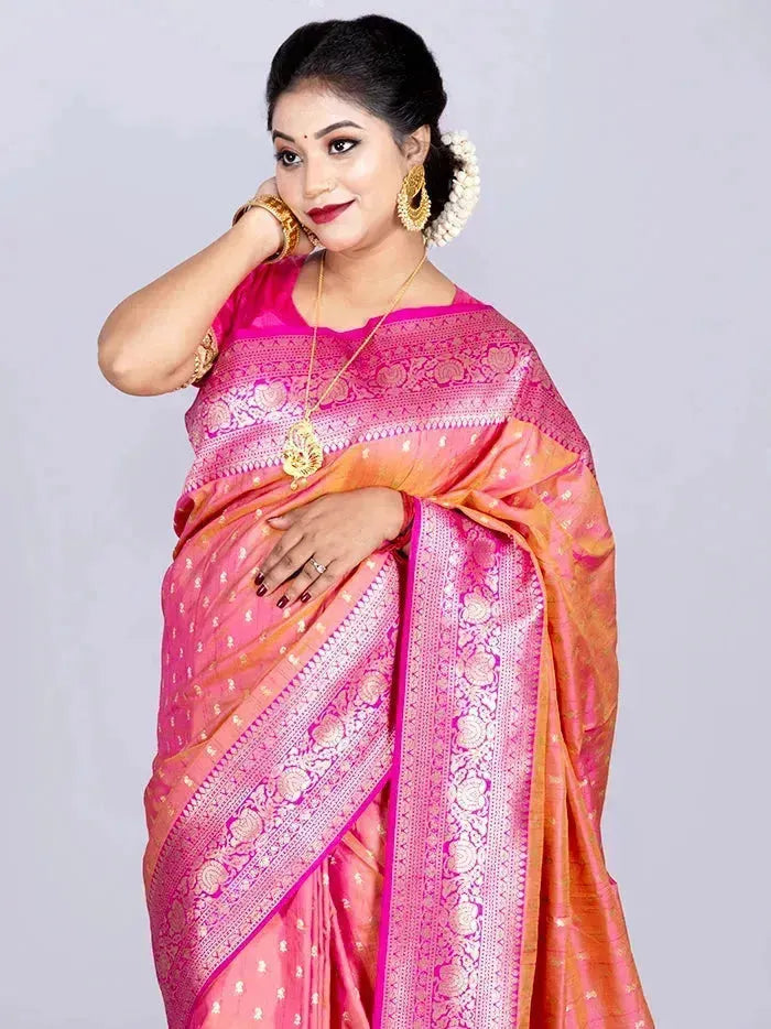Elegant Allover Pink Orange Dual Tone Katan Silk Saree - WeaversIndia