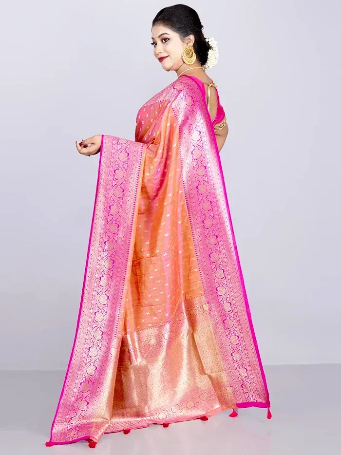 Elegant Allover Pink Orange Dual Tone Katan Silk Saree - WeaversIndia