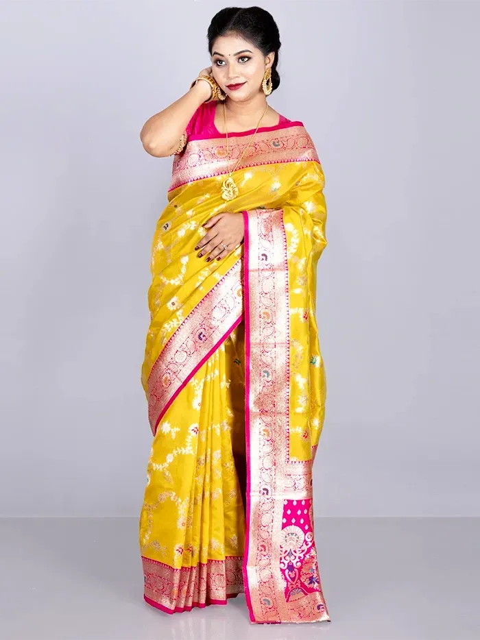 Elegant Allover Mustard Jal Katan Silk Saree - WeaversIndia