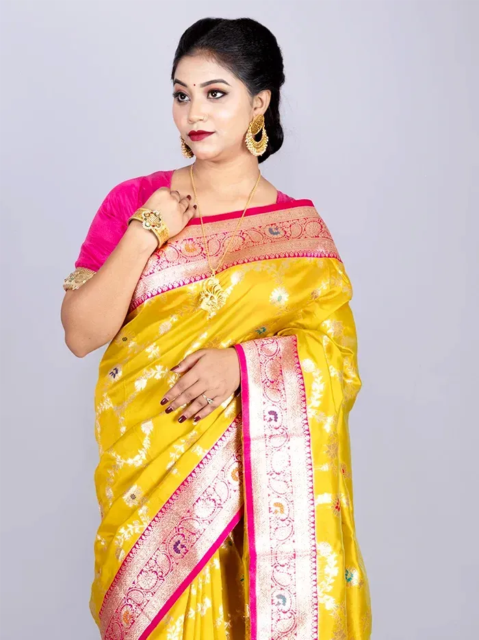 Elegant Allover Mustard Jal Katan Silk Saree - WeaversIndia