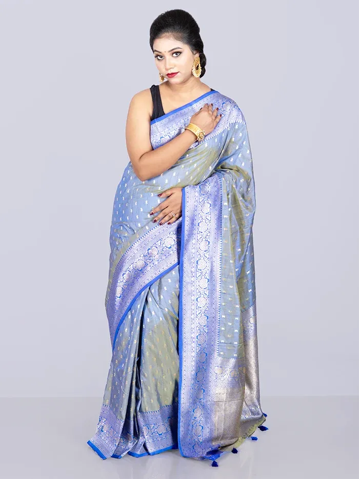 Elegant Allover Blue Green Dual Tone Katan Silk Saree - WeaversIndia