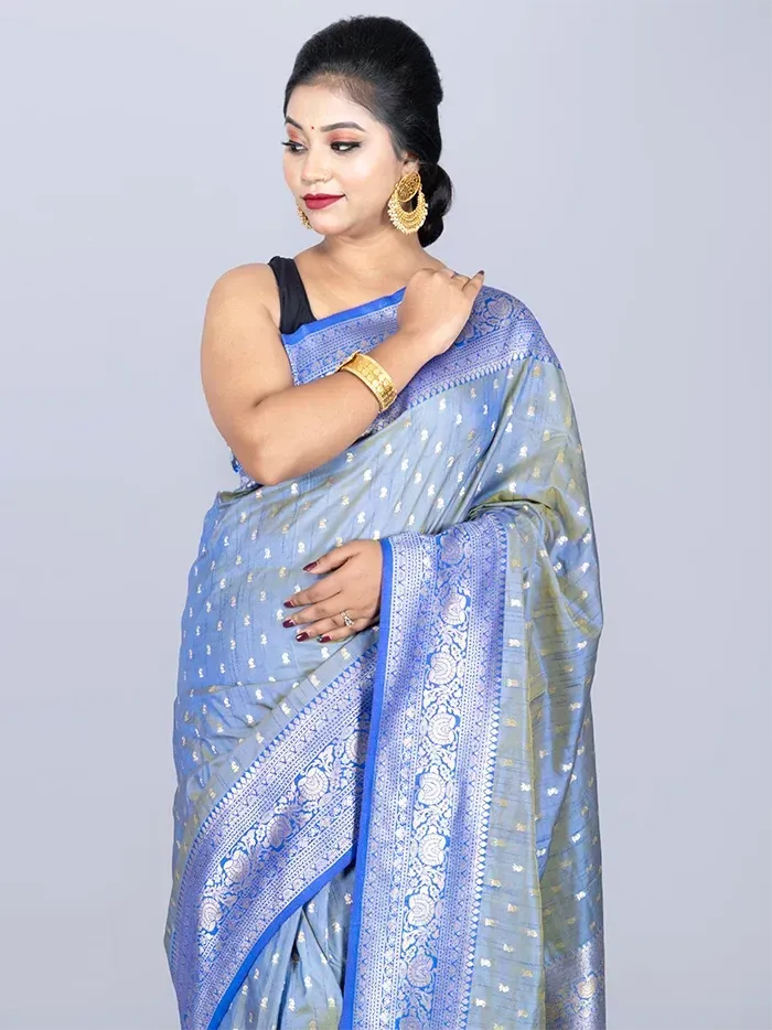 Elegant Allover Blue Green Dual Tone Katan Silk Saree - WeaversIndia