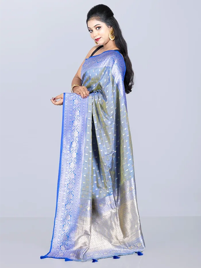 Elegant Allover Blue Green Dual Tone Katan Silk Saree - WeaversIndia