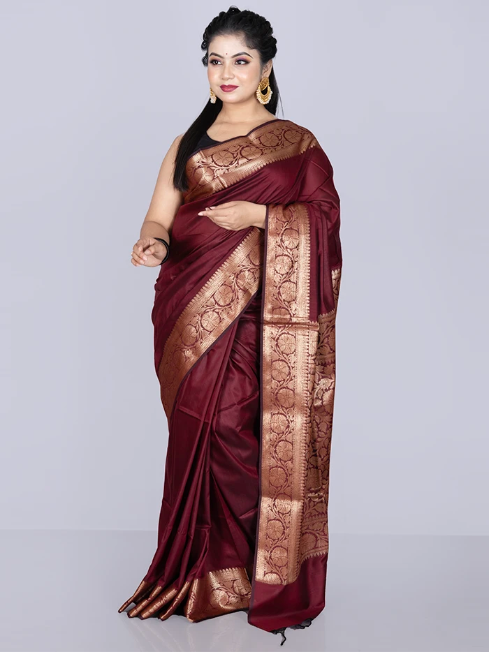 Elegant Par Anchal Maroon Black Katan Silk Saree