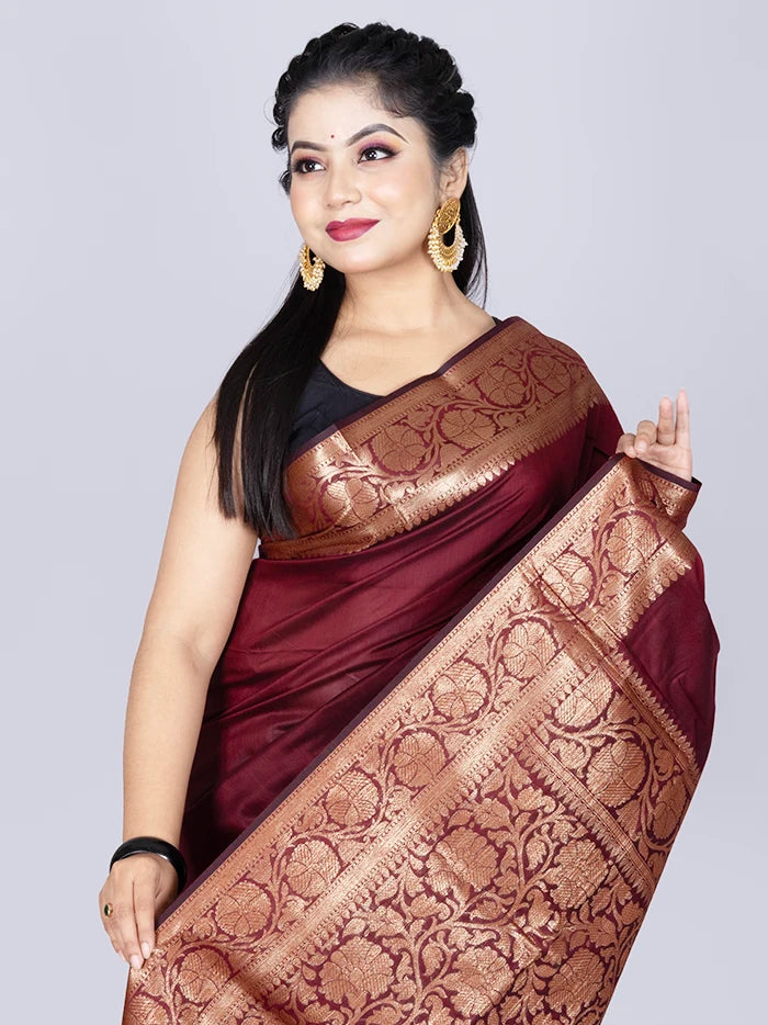 Elegant Par Anchal Maroon Black Katan Silk Saree