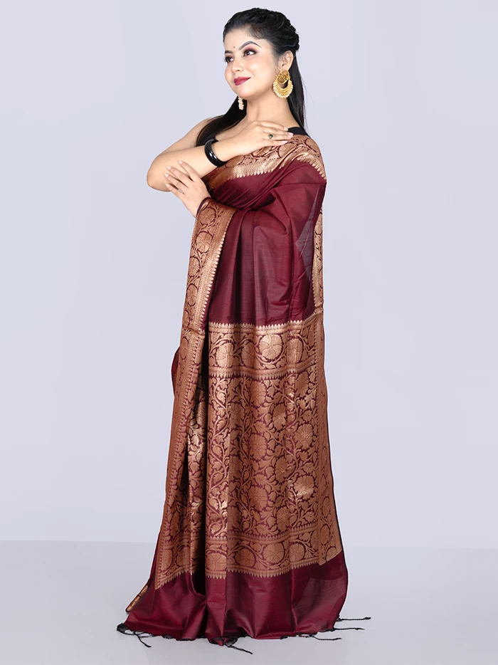 Elegant Par Anchal Maroon Black Katan Silk Saree