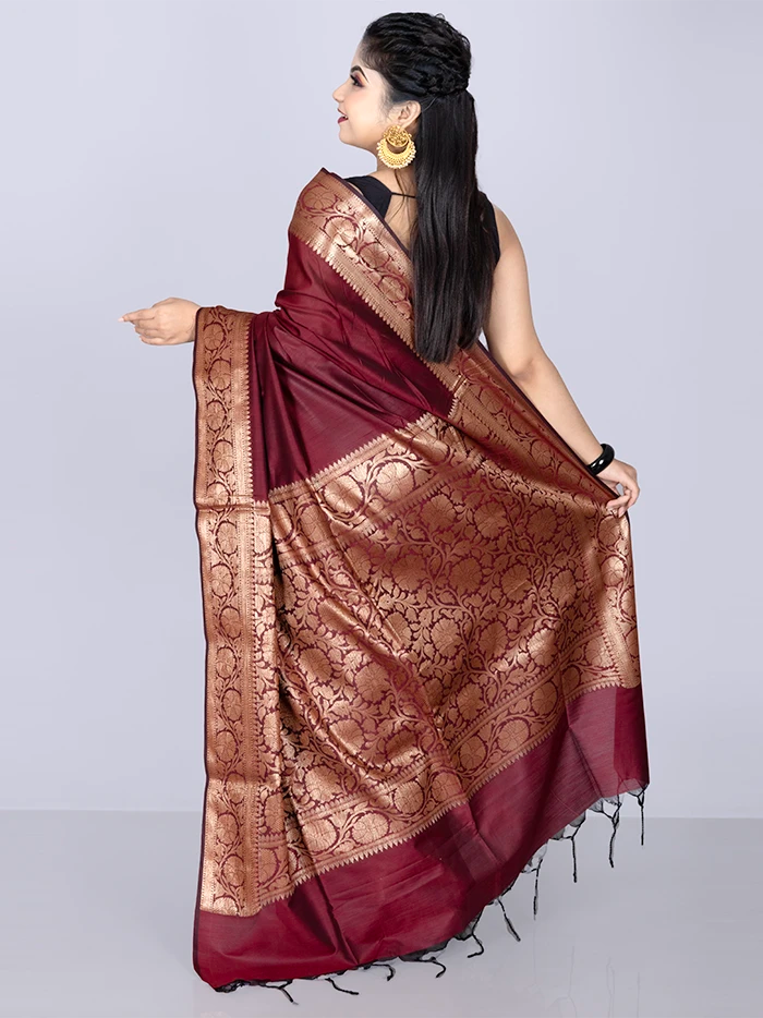 Elegant Par Anchal Maroon Black Katan Silk Saree
