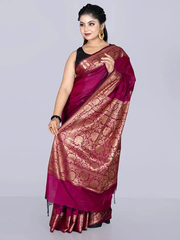 Elegant Par Anchal Magenta Black Katan Silk Saree - WeaversIndia