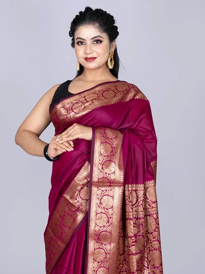Elegant Par Anchal Magenta Black Katan Silk Saree - WeaversIndia