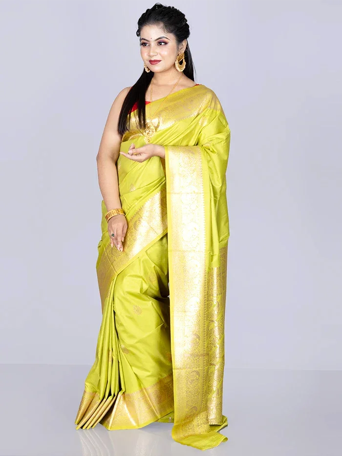 Elegant Par Anchal Buti Lime Katan Silk Saree - WeaversIndia