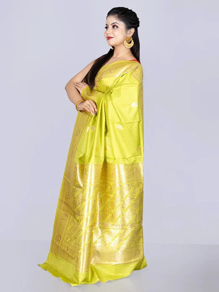 Elegant Par Anchal Buti Lime Katan Silk Saree - WeaversIndia