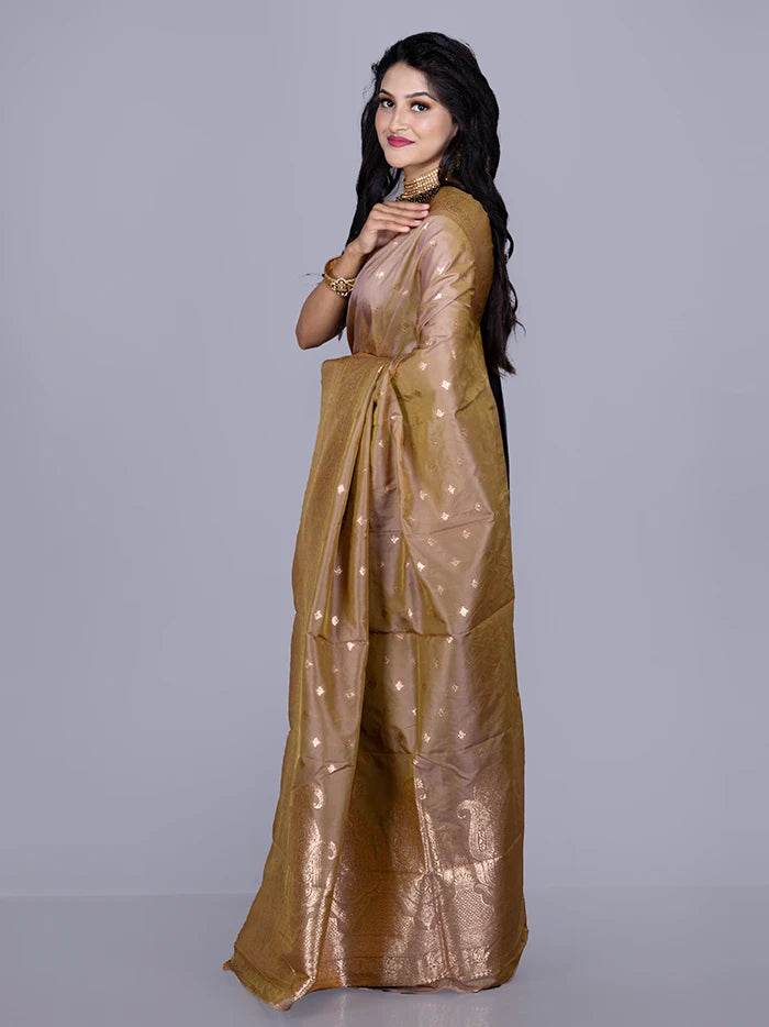 Elegant Allover Goldenrod Dual Tone Katan Silk Saree