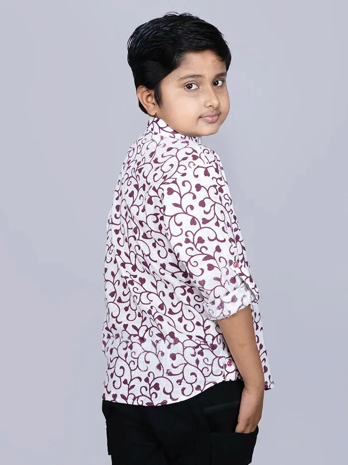 Maroon Printed Cotton Slab Boys Short Kurta