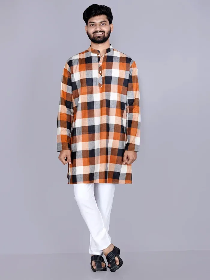 Multicoloured Checks Handwoven Cotton Men Kurta - WeaversIndia