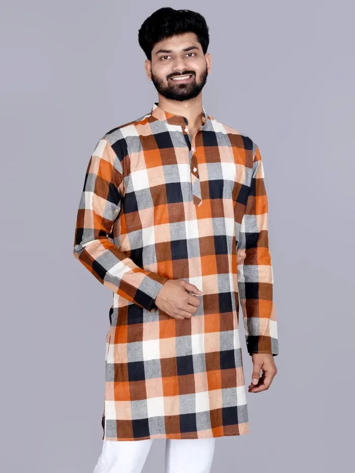 Multicoloured Checks Handwoven Cotton Men Kurta - WeaversIndia