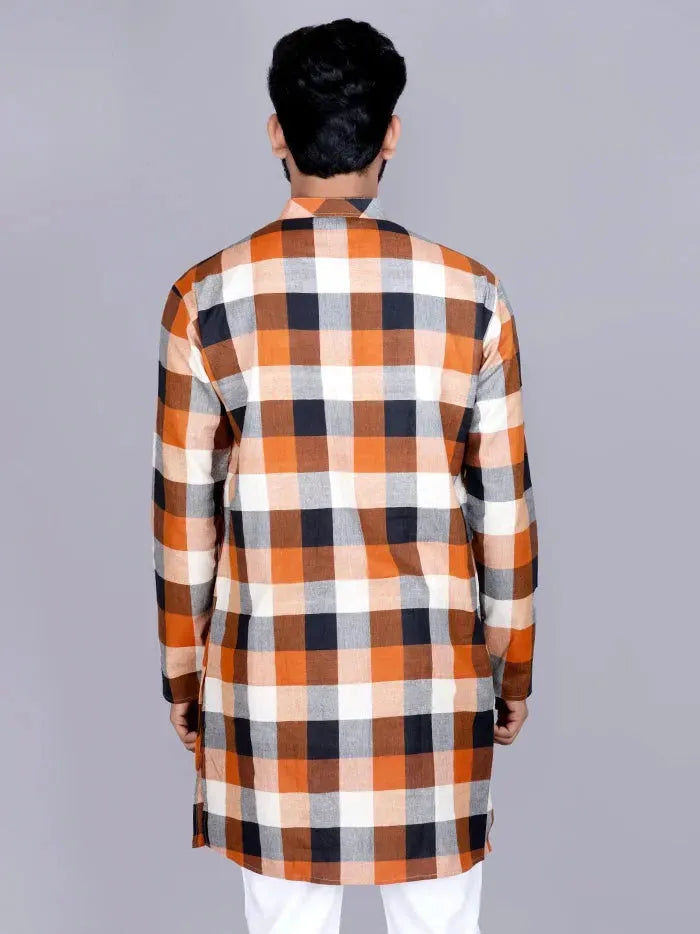 Multicoloured Checks Handwoven Cotton Men Kurta - WeaversIndia