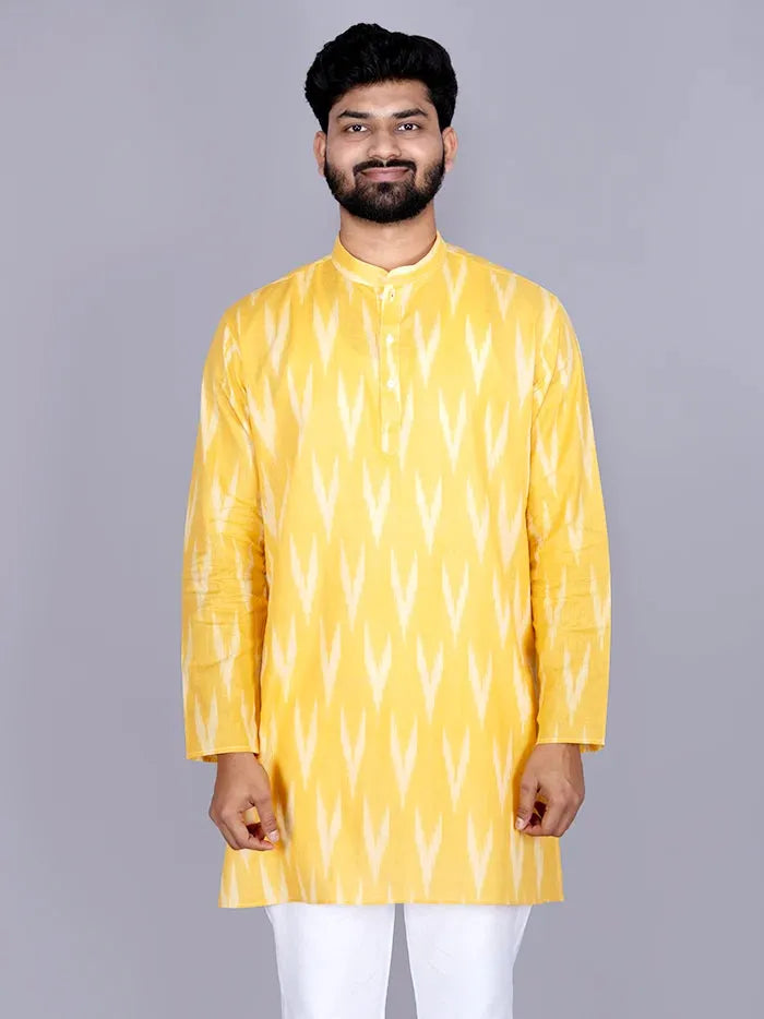 Yellow Ikkat Cotton Full Sleeves Men Kurta - WeaversIndia