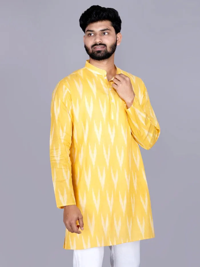 Yellow Ikkat Cotton Full Sleeves Men Kurta - WeaversIndia