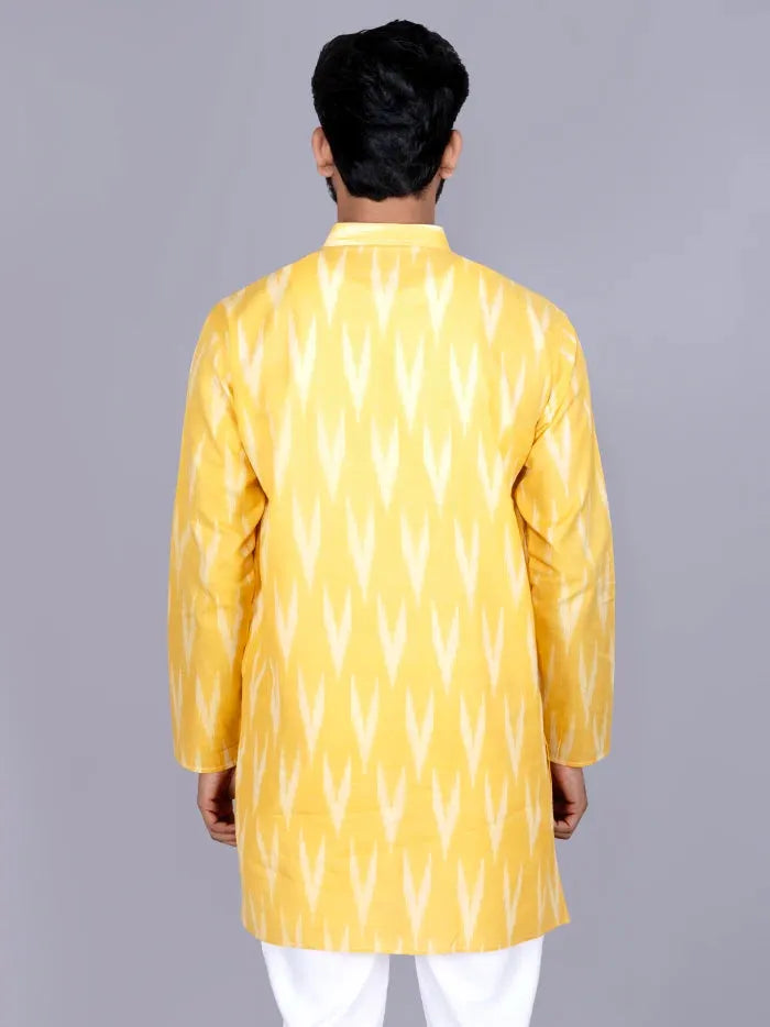 Yellow Ikkat Cotton Full Sleeves Men Kurta - WeaversIndia