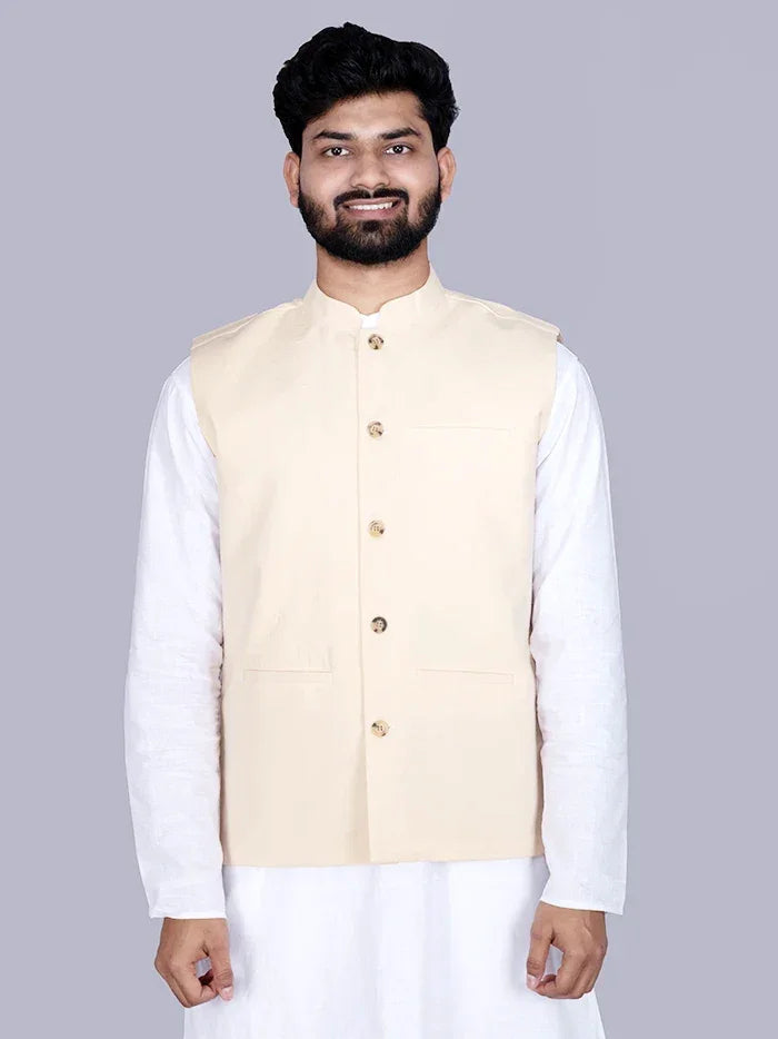 Cream Solid Poly Cotton Modi Jacket - WeaversIndia