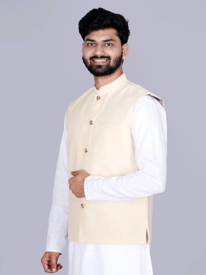 Cream Solid Poly Cotton Modi Jacket - WeaversIndia