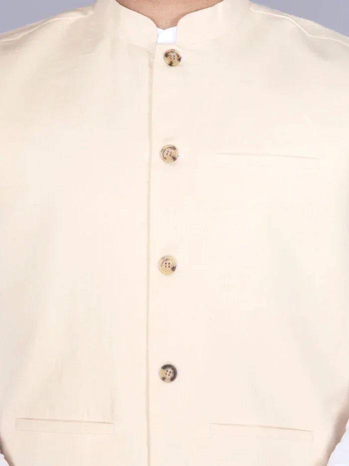 Cream Solid Poly Cotton Modi Jacket - WeaversIndia