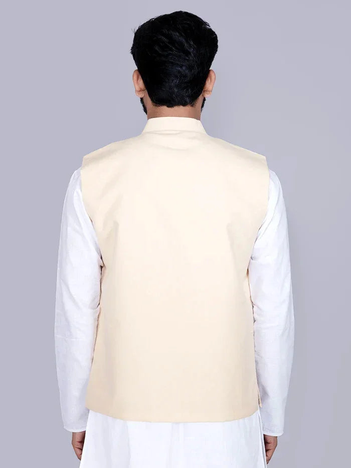 Cream Solid Poly Cotton Modi Jacket - WeaversIndia