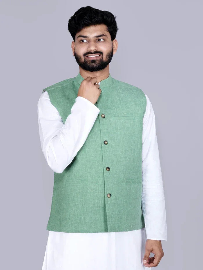 Green Solid Poly Cotton Modi Jacket - WeaversIndia