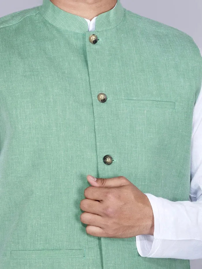 Green Solid Poly Cotton Modi Jacket - WeaversIndia
