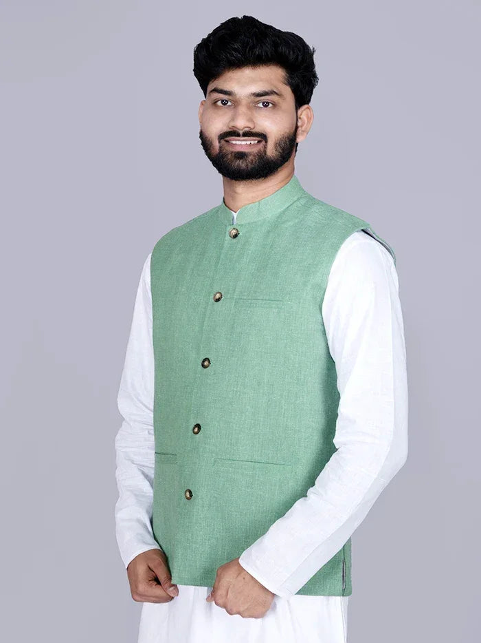 Green Solid Poly Cotton Modi Jacket - WeaversIndia