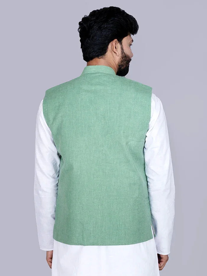Green Solid Poly Cotton Modi Jacket - WeaversIndia