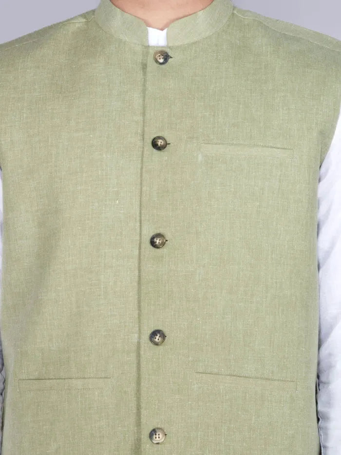 Olive Solid Poly Cotton Modi Jacket - WeaversIndia