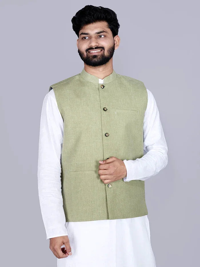 Olive Solid Poly Cotton Modi Jacket - WeaversIndia