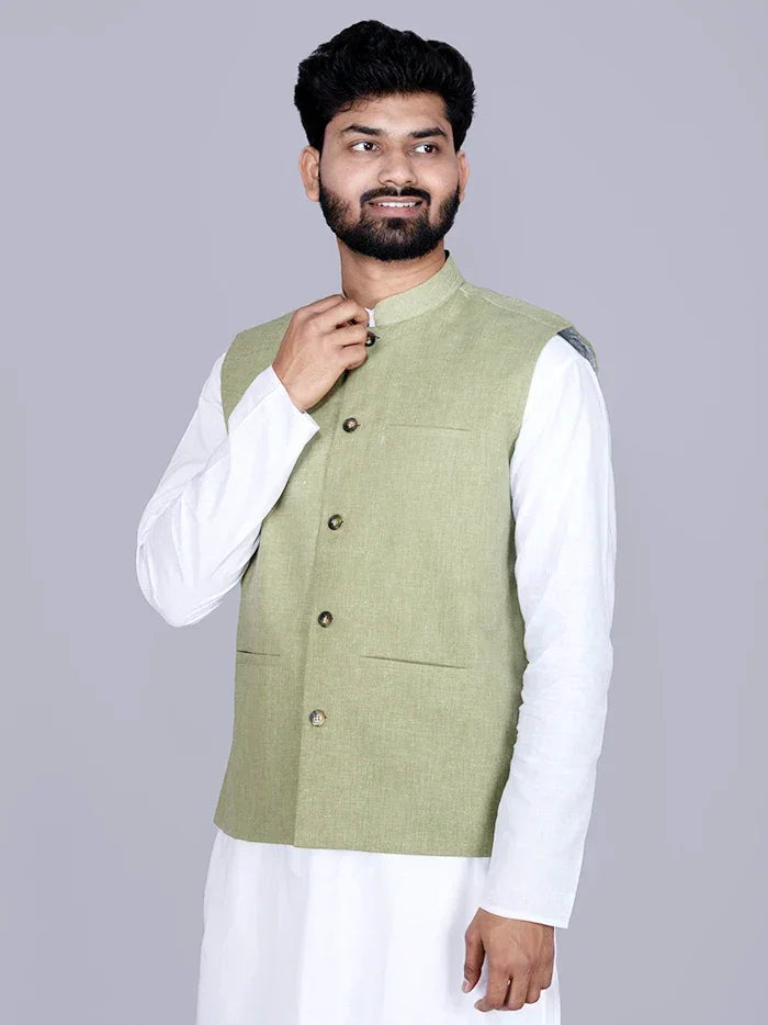 Olive Solid Poly Cotton Modi Jacket - WeaversIndia