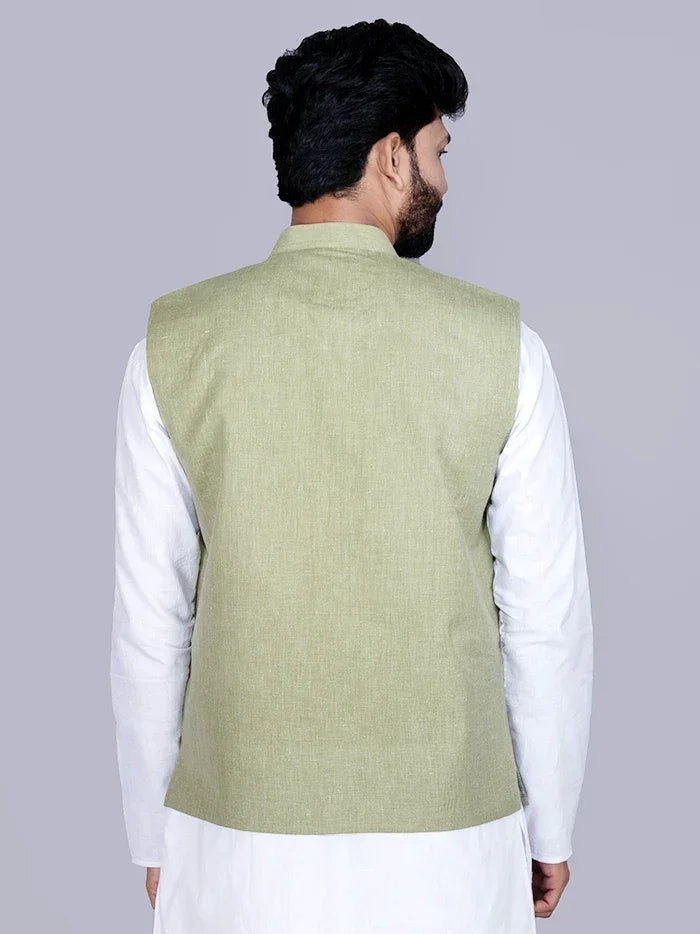 Olive Solid Poly Cotton Modi Jacket - WeaversIndia