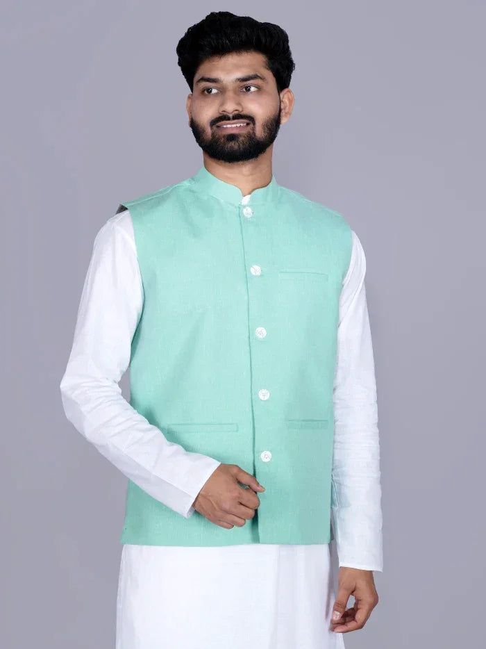 Celadon Solid Poly Cotton Modi Jacket - WeaversIndia