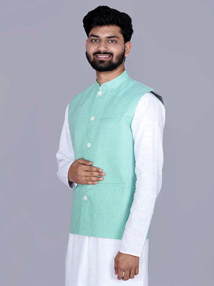 Celadon Solid Poly Cotton Modi Jacket - WeaversIndia