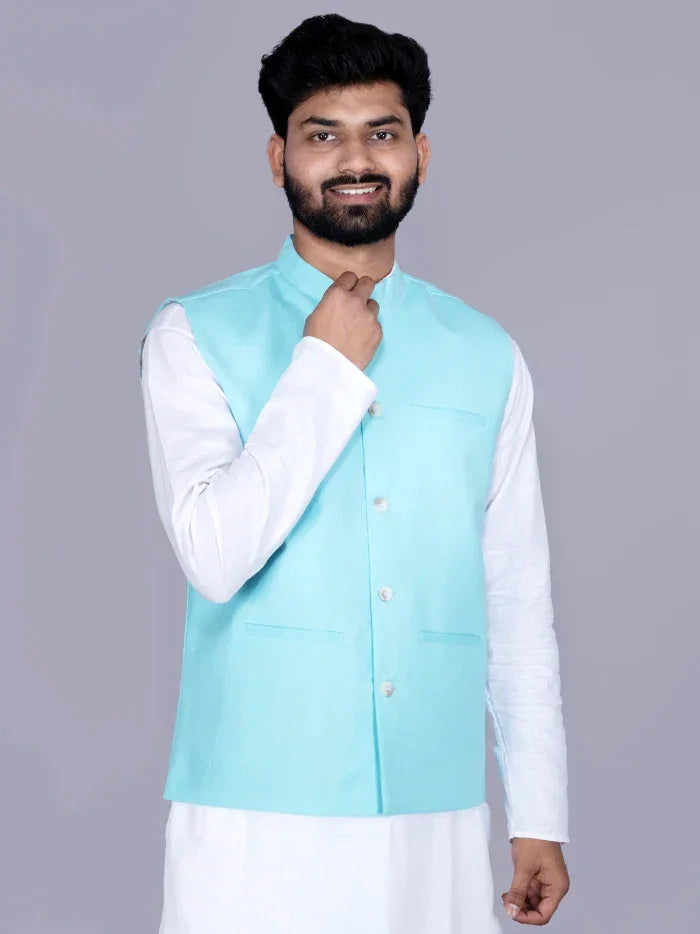 Cyan Solid Poly Cotton Modi Jacket - WeaversIndia
