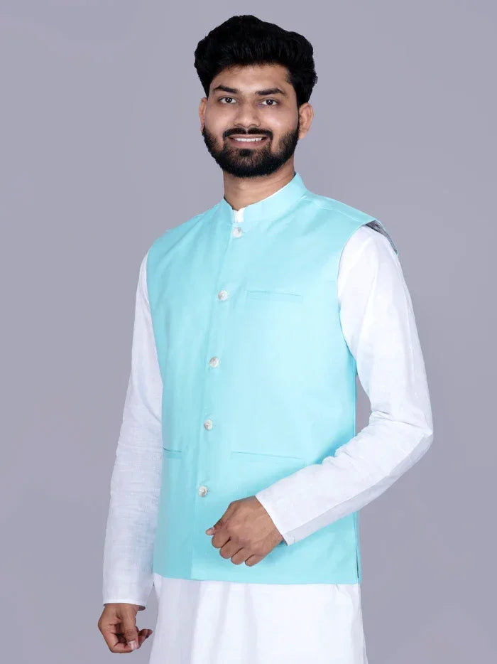 Cyan Solid Poly Cotton Modi Jacket - WeaversIndia