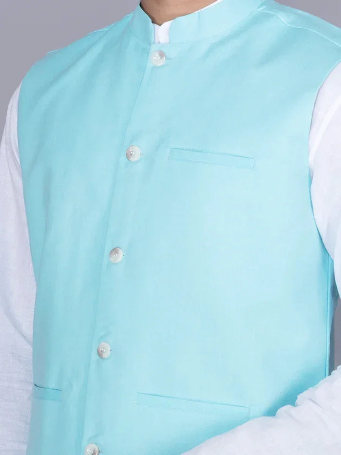 Cyan Solid Poly Cotton Modi Jacket - WeaversIndia