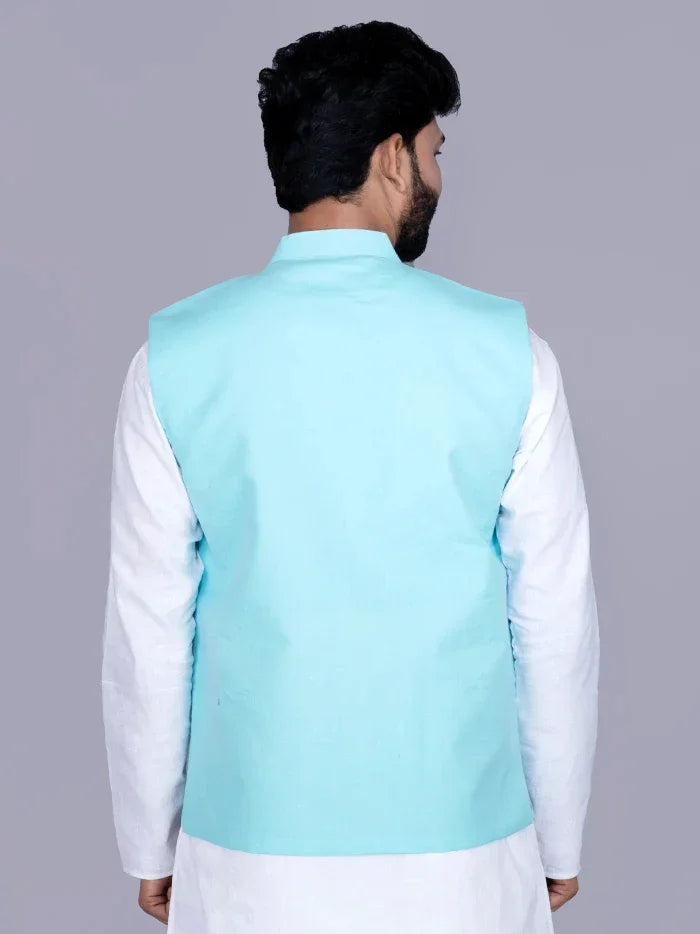 Cyan Solid Poly Cotton Modi Jacket - WeaversIndia