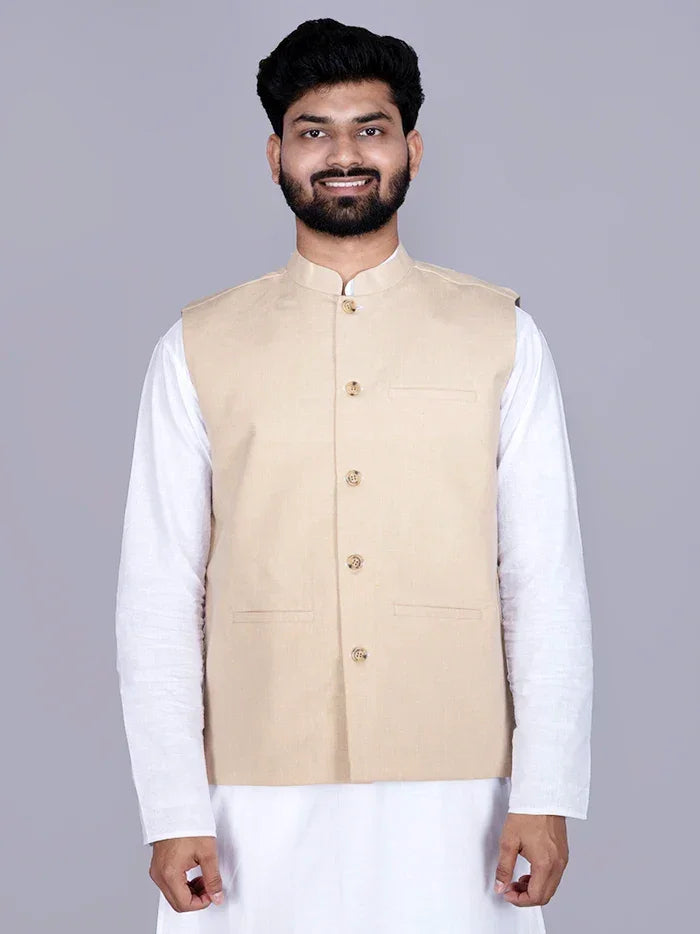 Beige Solid Poly Cotton Modi Jacket - WeaversIndia