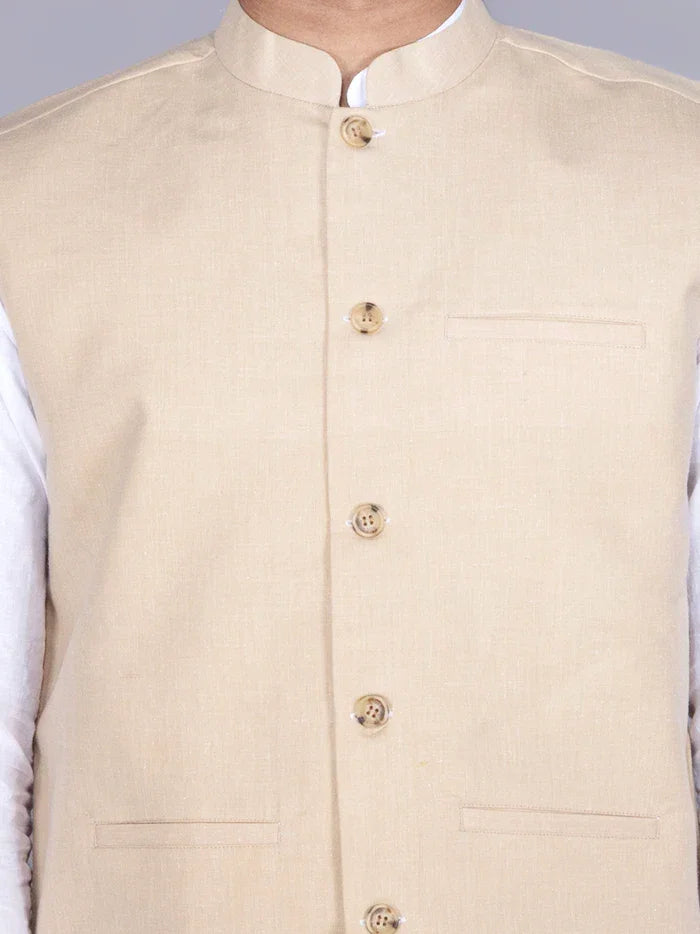 Beige Solid Poly Cotton Modi Jacket - WeaversIndia