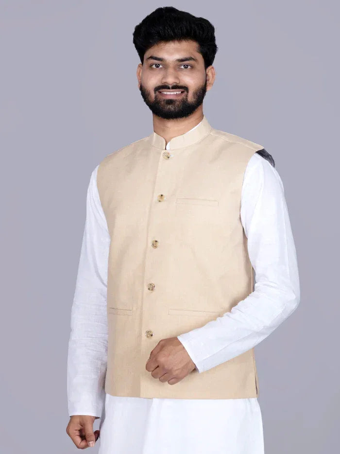 Beige Solid Poly Cotton Modi Jacket - WeaversIndia