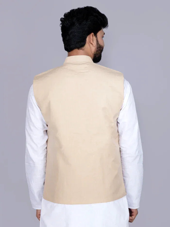 Beige Solid Poly Cotton Modi Jacket - WeaversIndia