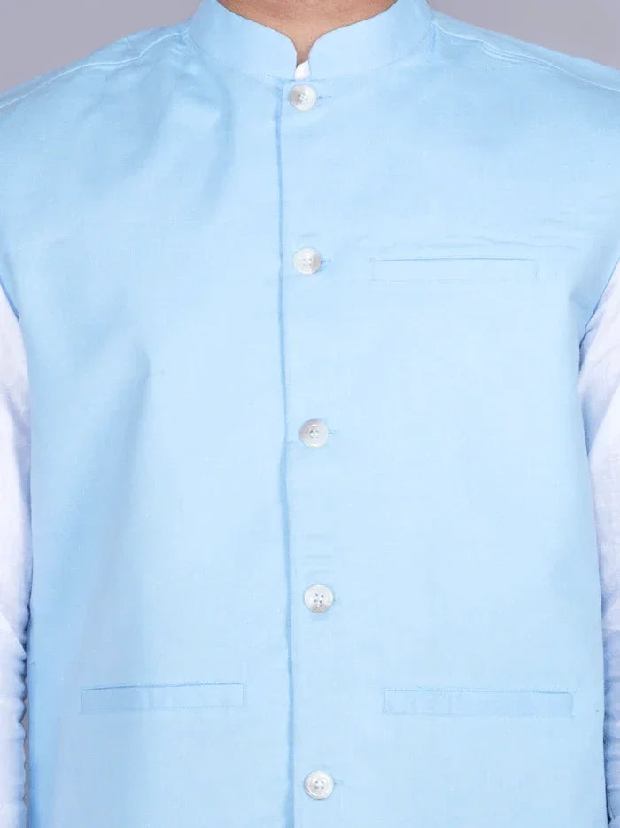 Sky Blue Solid Poly Cotton Modi Jacket - WeaversIndia