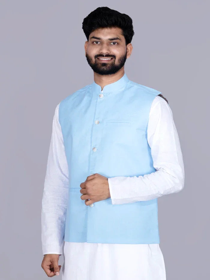 Sky Blue Solid Poly Cotton Modi Jacket - WeaversIndia