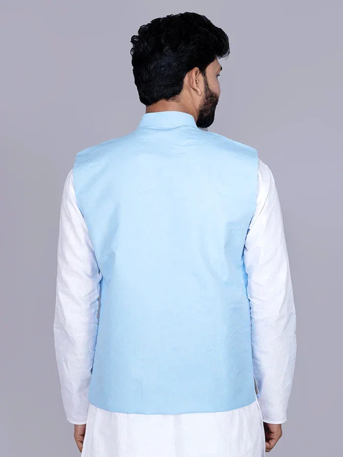 Sky Blue Solid Poly Cotton Modi Jacket - WeaversIndia