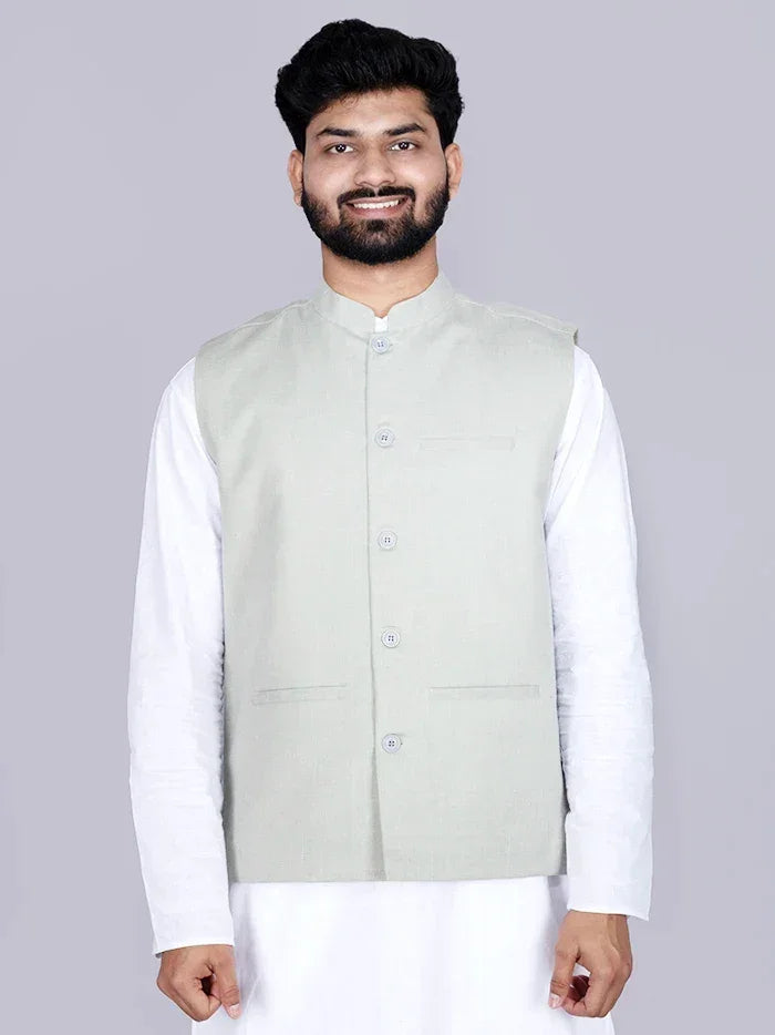 Silver Solid Poly Cotton Modi Jacket - WeaversIndia